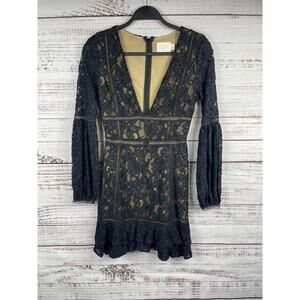 Misha Collection Dress Womens 2 Black Lace Floral V Neck Long Sleeve Mini Ruffle